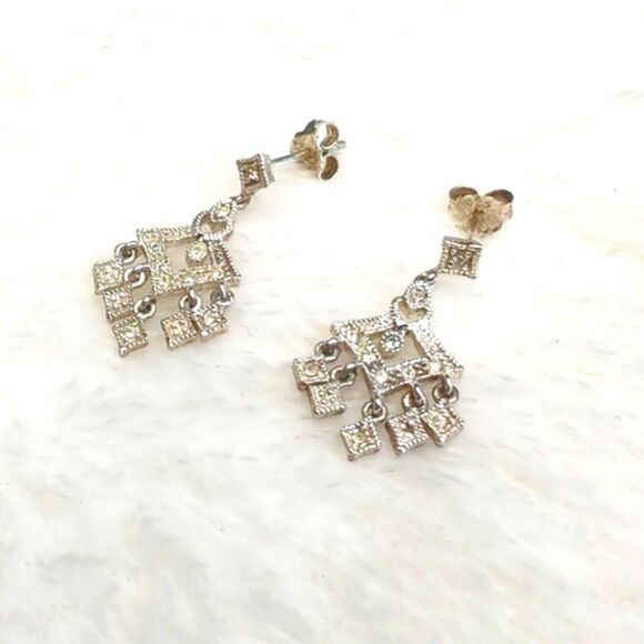 Vintage Sterling Silver and Tiny CZ Stone Drop Pierced Earrings - Picture 3 of 8